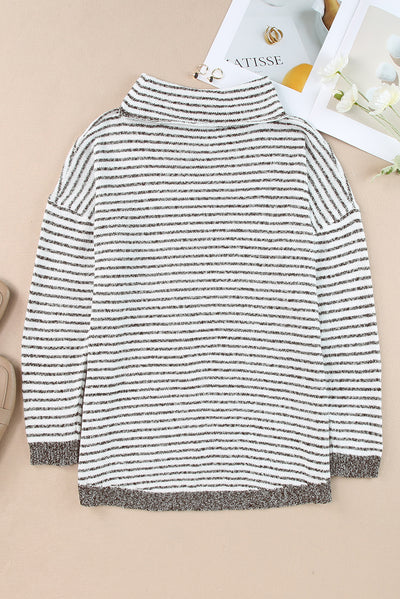 Khaki Striped Turtleneck Loose Sweater-Tops-MomFashion