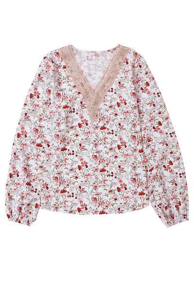 White Floral Long Sleeve Lace V-Neck Blouse-Tops-MomFashion