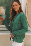 Green Lace Trim Ribbed Round Neck Button Up Cardigan-Tops-MomFashion