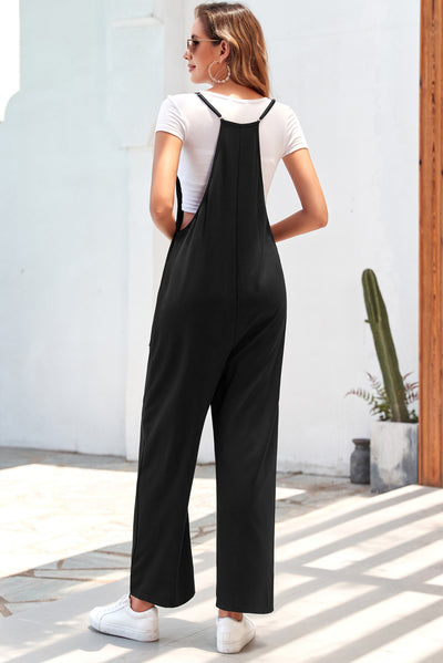 Black Pocketed Adjustable Spaghetti Strap Straight Leg Jumpsuit-Bottoms-MomFashion