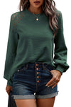 Green Lace Long Sleeve Textured Pullover-Tops-MomFashion