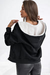 Black Sherpa Hooded Thumbhole Sleeve Zip Up Jacket-Outerwear-MomFashion