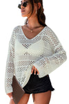 White Hollow Out Crochet V Neck Pullover Sweater-Swimwear-MomFashion