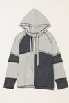 Gray Colorblock Seamed Ribbed Henley Hoodie-Tops-MomFashion