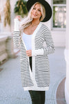 White Striped Side Pockets Open Front Cardigan-Tops-MomFashion