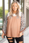 Khaki Printed Plus Ruffle Leopard Sleeve Waffled Color Block Top-Plus Size-MomFashion