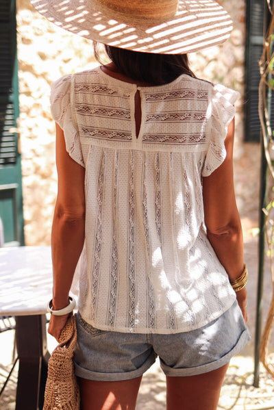 White Ruffled Lace Flowy Tank Top-Tops-MomFashion