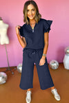 Navy Blue Textured Flutter Sleeve Top Wide Leg Pants Set-Loungewear-MomFashion