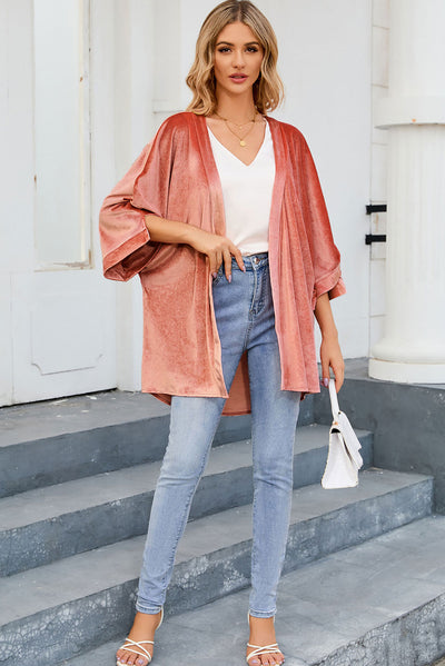 Pink Retro Velvet Wide Sleeves Cardigan-Outerwear-MomFashion