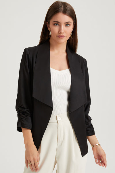 Black Solid Lapel Collar Satin Blazer-Outerwear-MomFashion