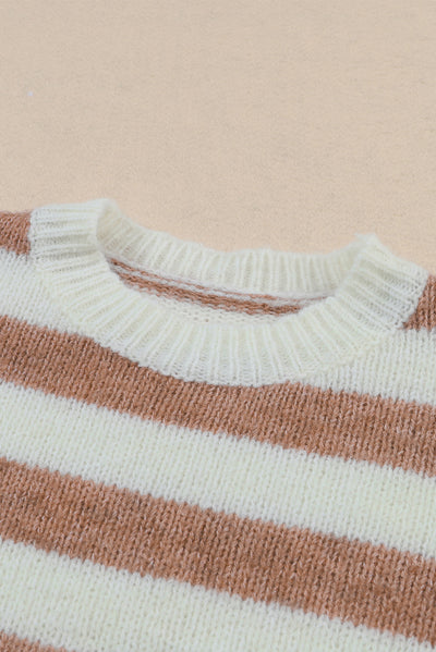 Brown Striped Round Neck Casual Sweater-Tops-MomFashion