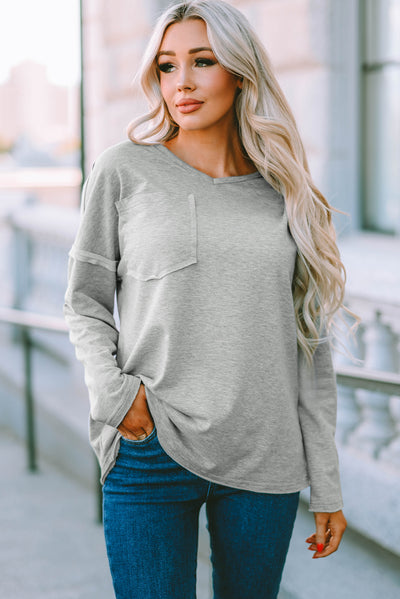 Gray Pocketed Oversized Drop Sleeve Top-Tops-MomFashion