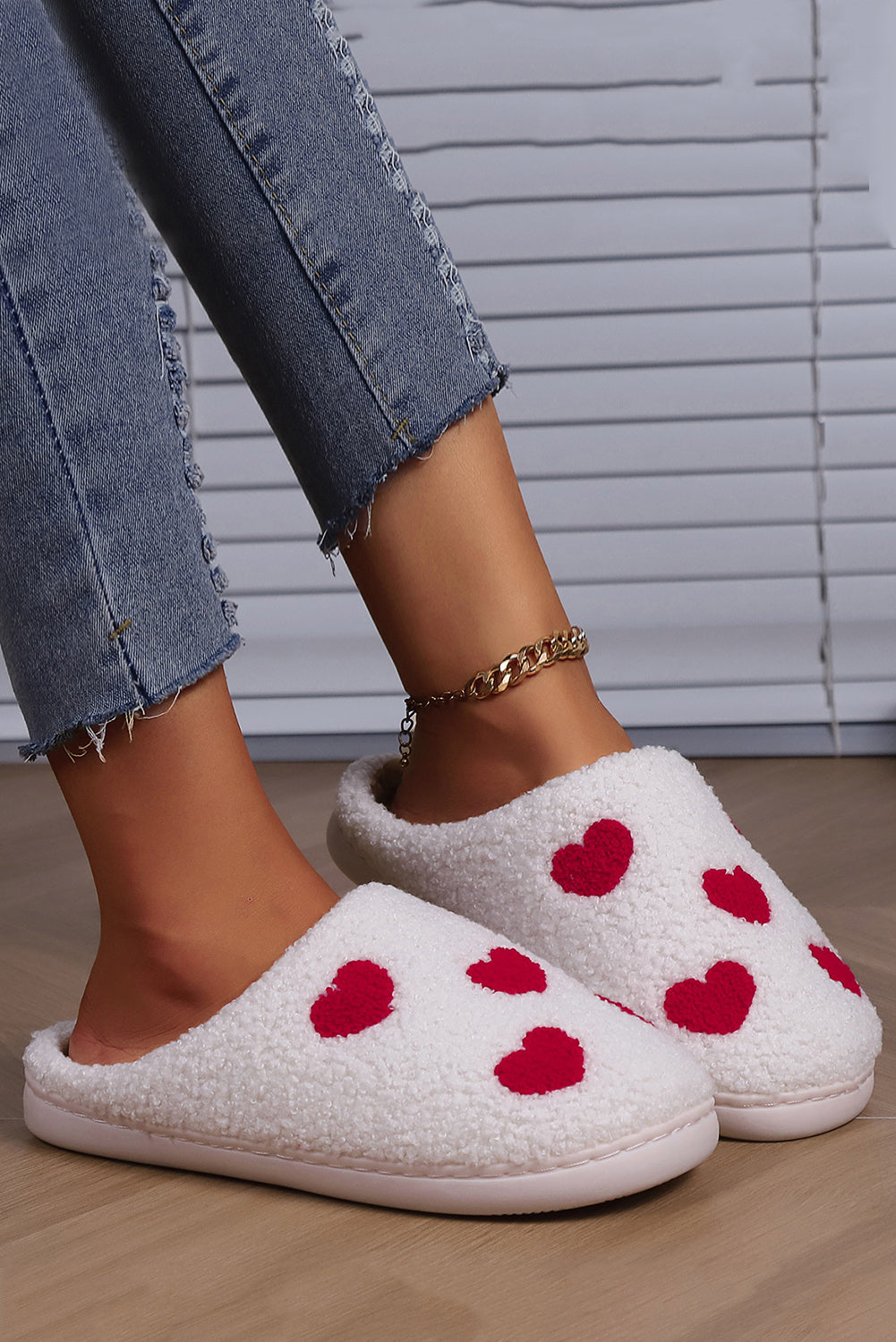 White Valentines Day Hearts Print Plush House Slippers-Shoes & Bags-MomFashion