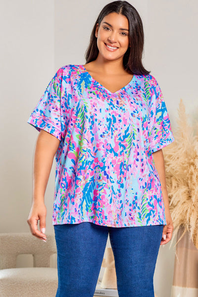 Sky Blue Plus Size Plant Print V Neck T-shirt-Plus Size-MomFashion