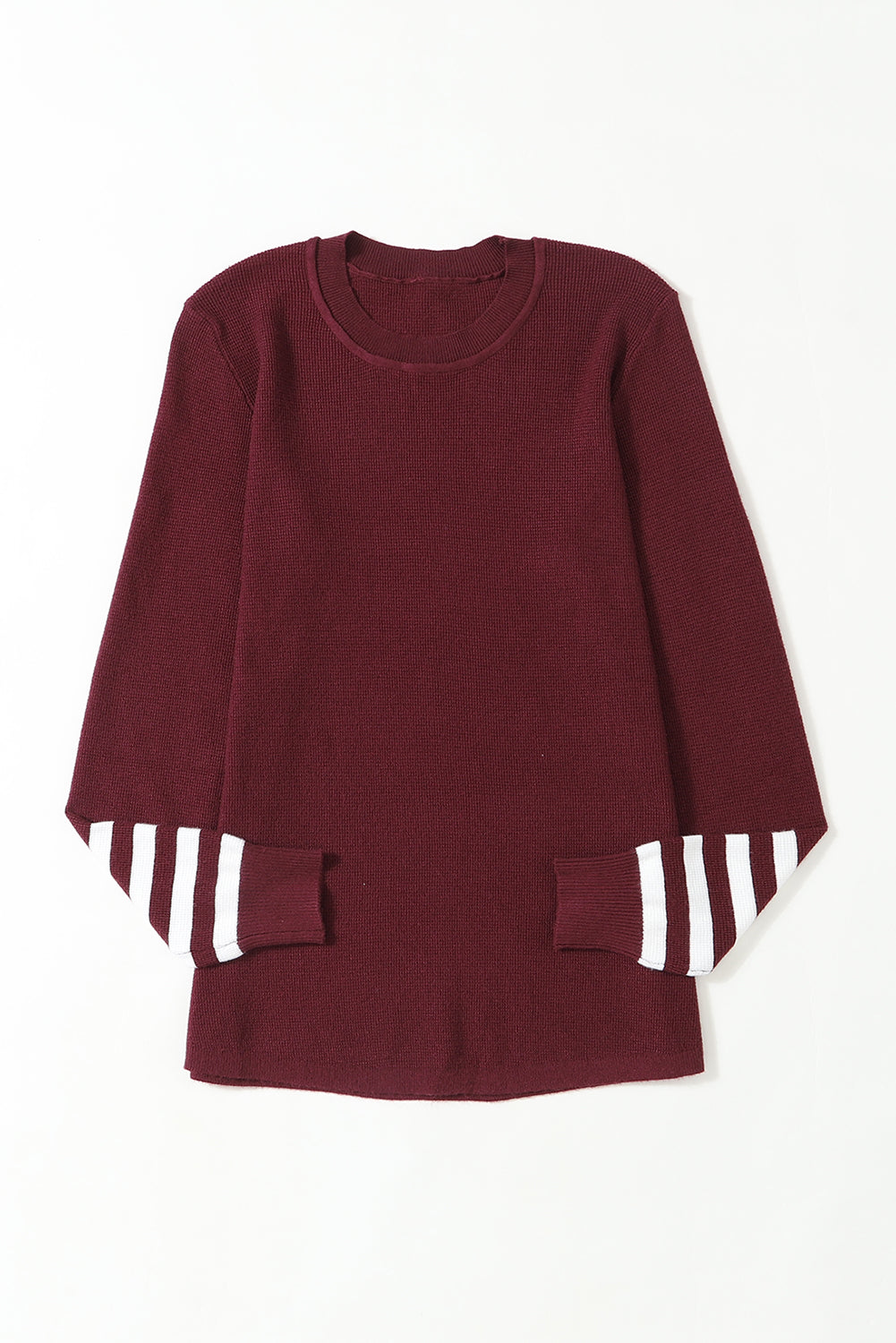 Red Striped Sleeve Plain Knit Sweater-Tops-MomFashion
