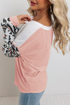 Pink Leopard Sleeve Patchwork Waffle Knit Top-Tops-MomFashion