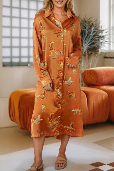 Mustard Cheetah Print Button-Up Split Shirt Dress-Dresses-MomFashion