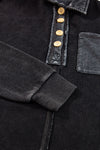 Black Waffle Exposed Seam Pocket Henley Sweatshirt-Tops-MomFashion