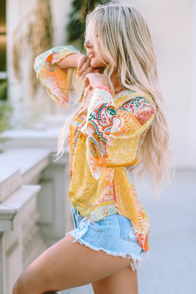 Multicolor Paisley Print Bell Sleeve Lace V-Neck Button Sheer Blouse-Tops-MomFashion