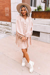 Oatmeal Crinkle Distressed Puff Sleeve Flared Dress-Dresses-MomFashion