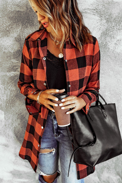 Fiery Red Turn-down Collar Plaid Shirt Coat-Outerwear-MomFashion