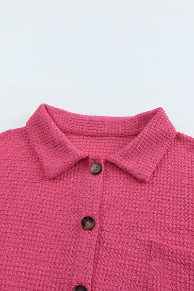 Pink Waffle Knit Button Up Casual Shirt-Tops-MomFashion