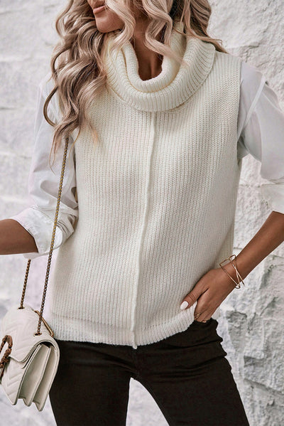 White Central Seam Cowl Neck Sweater Vest-Tops-MomFashion