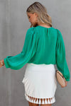 Green Satin Puff Long Sleeve Crewneck Blouse-Tops-MomFashion