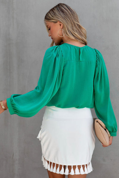 Green Satin Puff Long Sleeve Crewneck Blouse-Tops-MomFashion