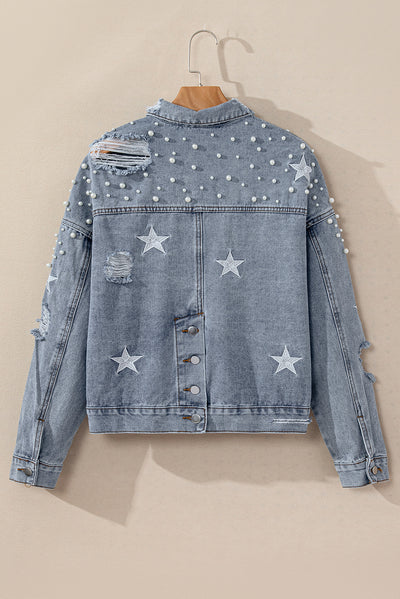 Sky Blue Distressed Pearls Star Cropped Denim Jacket-Outerwear-MomFashion