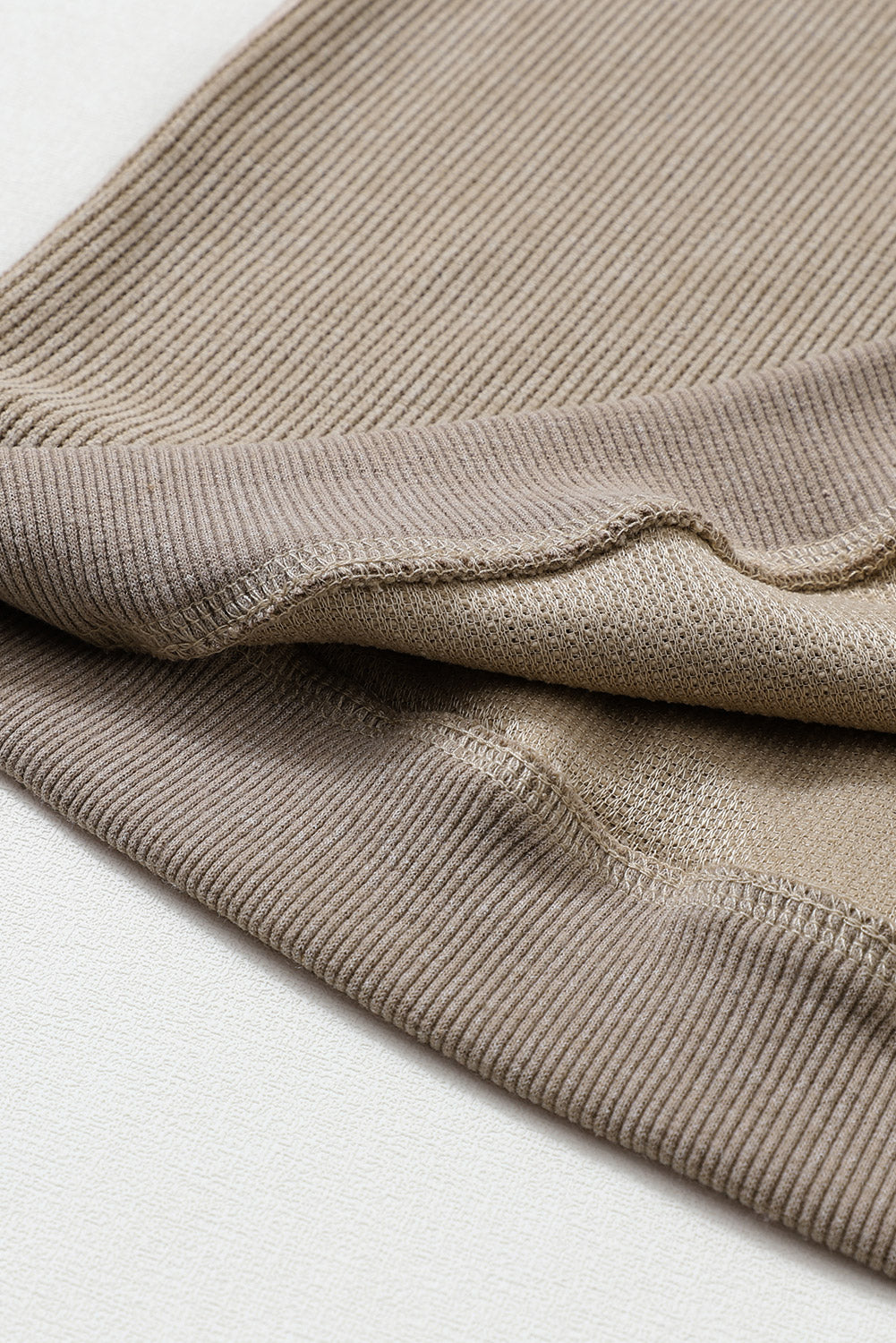 Khaki Solid Ribbed Knit Round Neck Pullover Sweatshirt-Tops-MomFashion