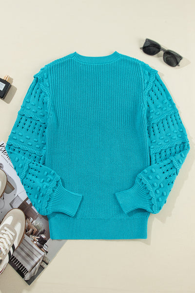 Turquoise Ruffled Eyelet Bubble Sleeve Sweater-Sweaters & Cardigans/Sweaters-MomFashion