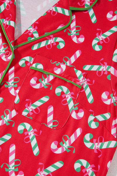 Red Christmas Candy Cane Print Pocketed Knotted Pajama Set-Loungewear & Sleepwear/Sleepwear-MomFashion