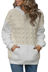 Beige Drop Shoulder Quilted Patchwork Kangaroo Pocket Hoodie-Tops-MomFashion