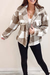 Khaki Plaid Sherpa Buttoned Flap Pocket Shacket-Outerwear-MomFashion