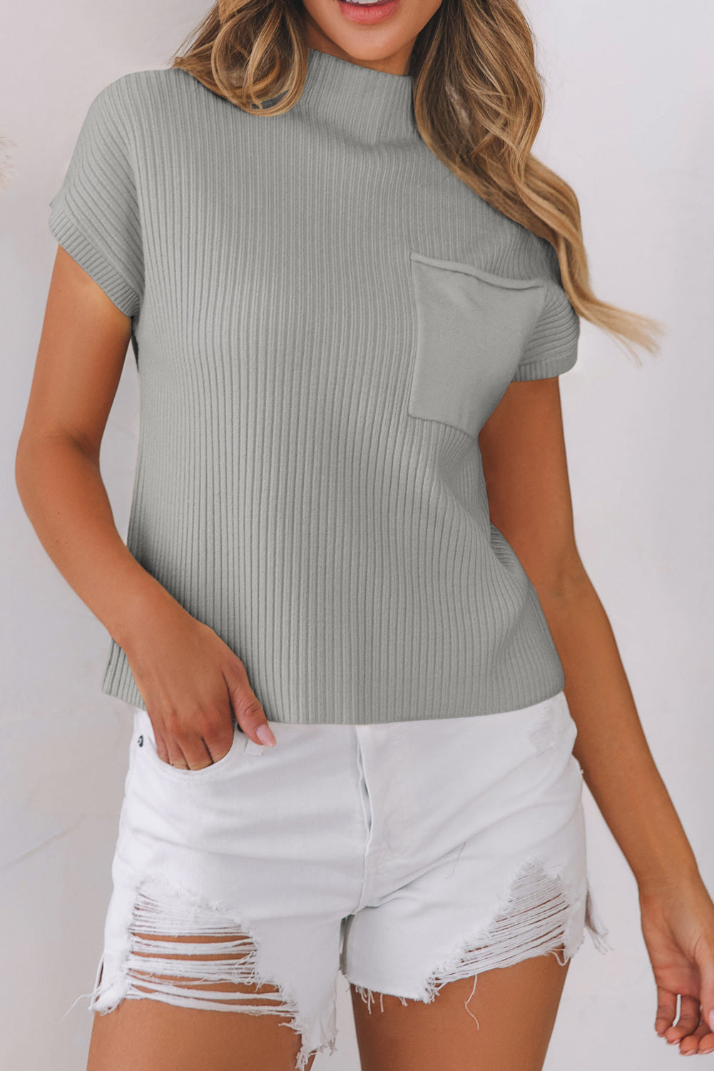 Gray Patch Pocket Ribbed Knit Short Sleeve Sweater-Tops-MomFashion