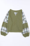 Green Plaid Patch Waffle Knit Exposed Seam Bubble Sleeve Top-Tops-MomFashion