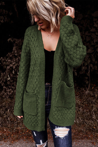 Green Open Front Woven Texture Knitted Cardigan with Pockets-Tops-MomFashion