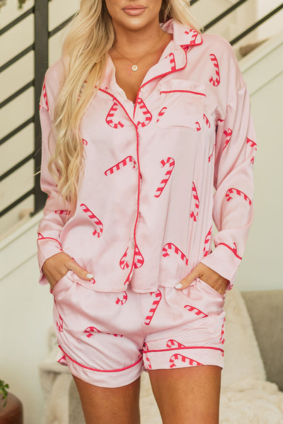 Pink Christmas Candy Cane Print Shirt and Shorts Pajama Set-Loungewear & Sleepwear/Sleepwear-MomFashion