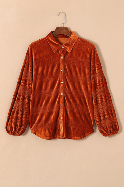 Brown Solid Color Textured Velvet Button Up Shirt-Tops-MomFashion