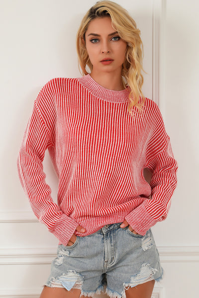 Striped Print Ribbed Trim Round Neck Sweater-Tops-MomFashion