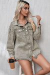 Sage Green Acid Wash Flap Pocket Raw Hem Tunic Denim Jacket-Outerwear-MomFashion