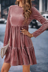 Pale Chestnut Long Sleeve Tiered Ribbed Velvet Dress-Dresses-MomFashion