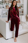 Fiery Red Solid Velvet Two Piece Lounge Set-Loungewear-MomFashion