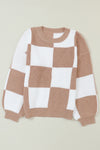 Checkered Ribbed Knit Puff Sleeve Sweater-Tops-MomFashion