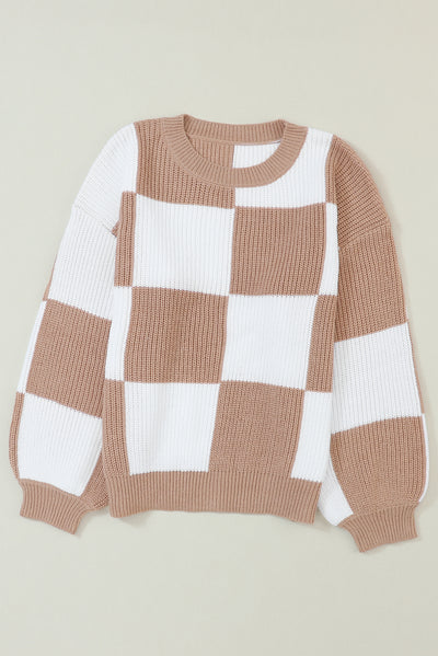 Checkered Ribbed Knit Puff Sleeve Sweater-Tops-MomFashion