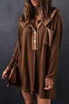 Brown Waffle Knit Buttoned Long Sleeve Top-Tops-MomFashion