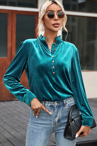 Green Frilled Neck Buttoned Front Velvet Top-Tops-MomFashion