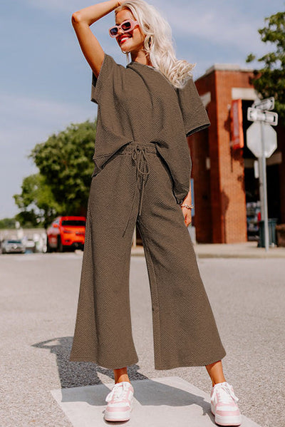 Brown Textured Loose Fit T Shirt and Drawstring Pants Set-Loungewear-MomFashion