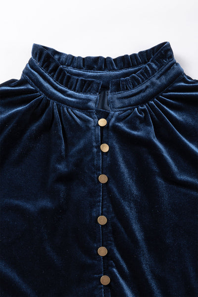 Navy Blue Frilled Neck Buttoned Front Velvet Top-Tops-MomFashion